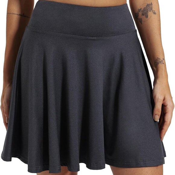 Grey High-Waisted Women's Tennis Skirt with Built-In Shorts and Drawstring Closu - Picture 2 of 6